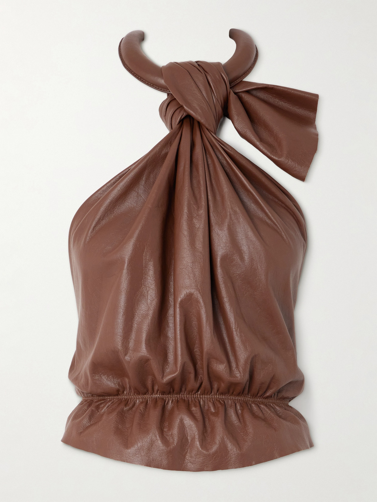 Shop Johanna Ortiz + Net Sustain Ebano Radiante Gathered Leather Halterneck Top In Brown