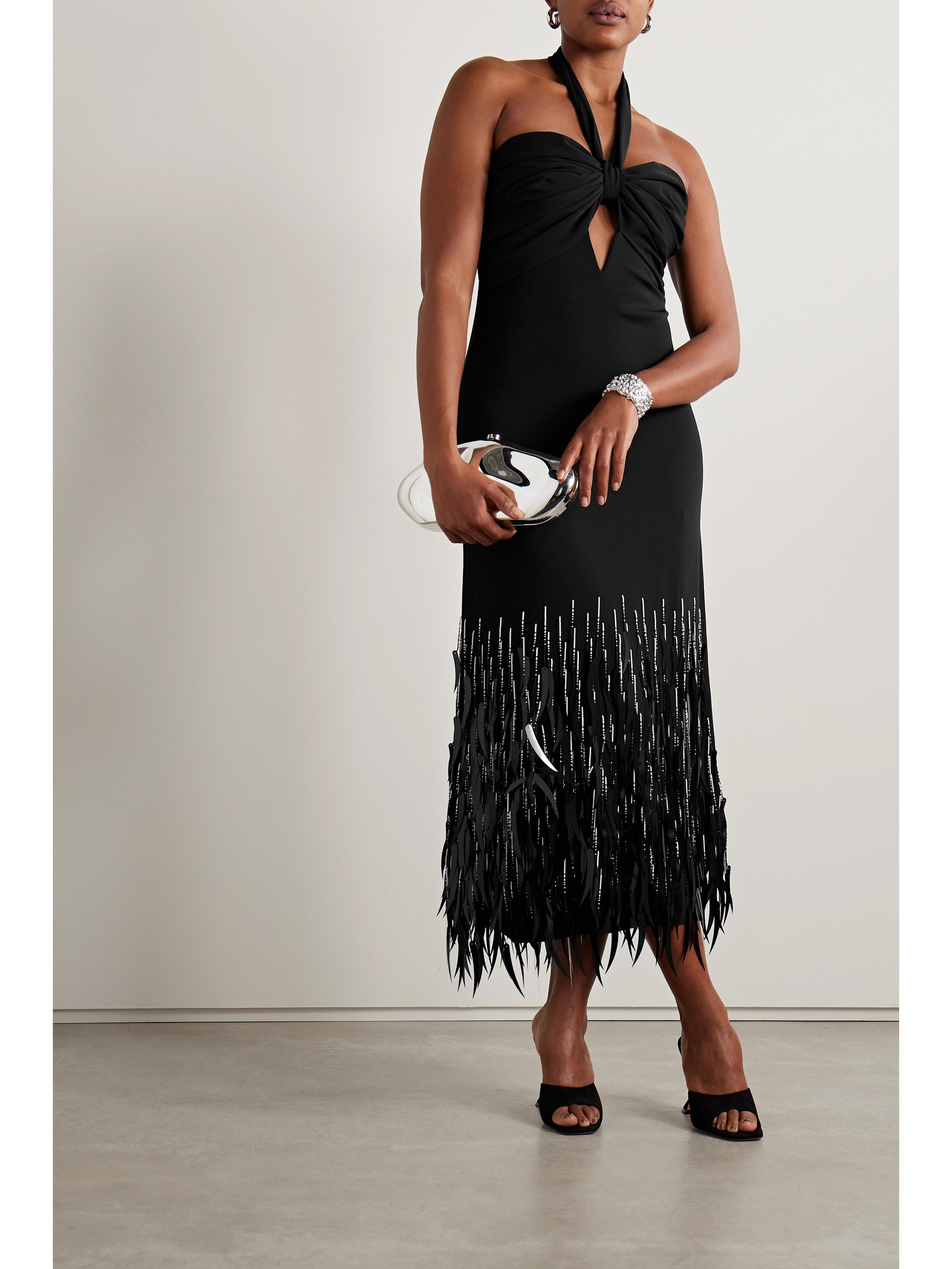 Johanna Ortiz + NET SUSTAIN Fiesta embellished crepe halterneck midi dress