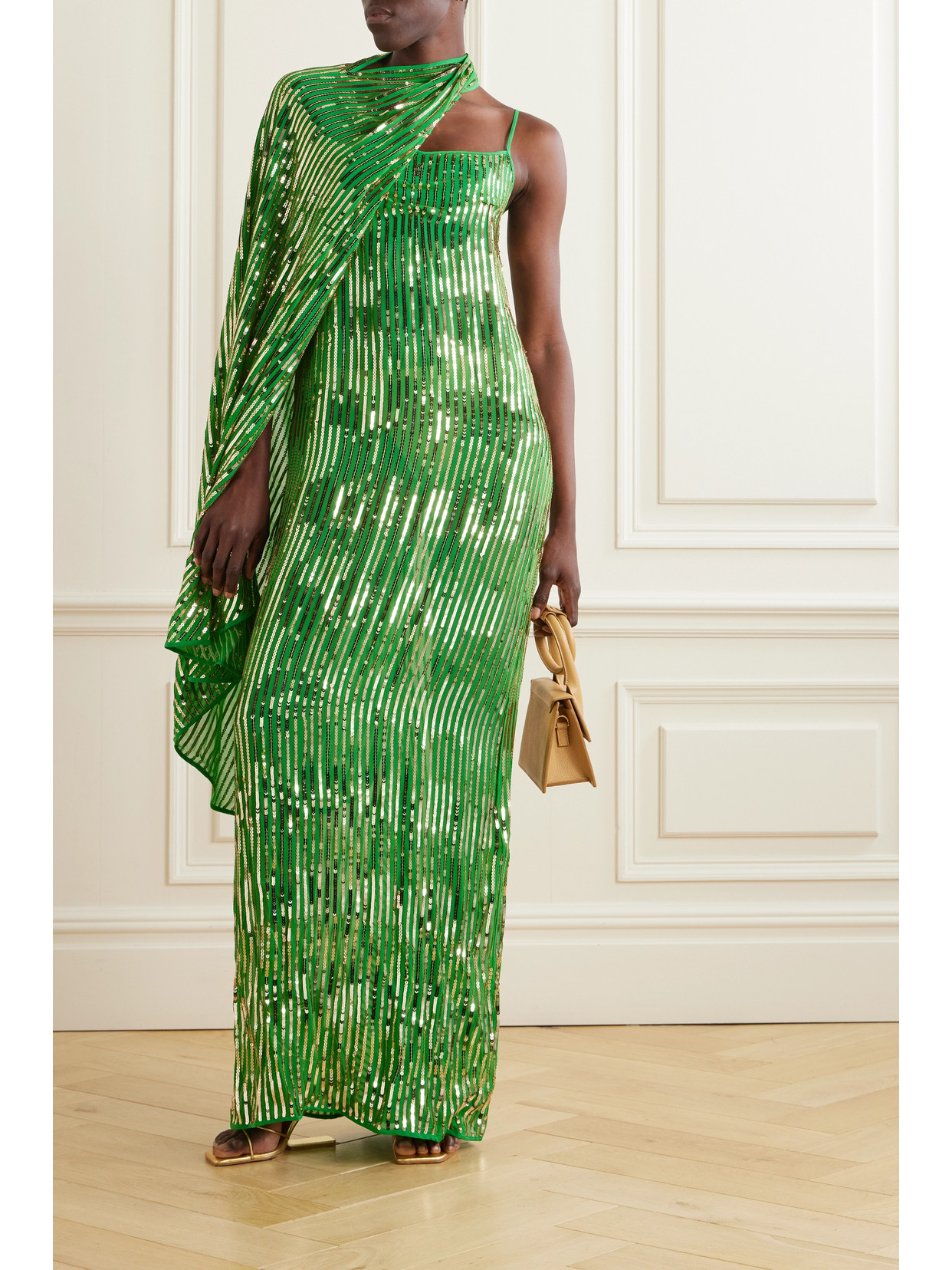 Shop Johanna Ortiz + Net Sustain Poder Tejido Convertible Embellished Silk Crepe De Chine Maxi Dress In Green