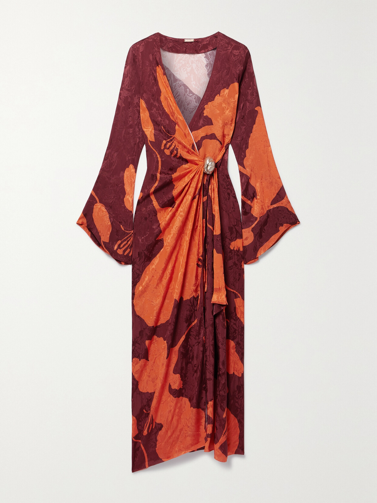 Shop Johanna Ortiz + Net Sustain Sanctuary For Dream Printed Satin-jacquard Midi Wrap Dress In Orange