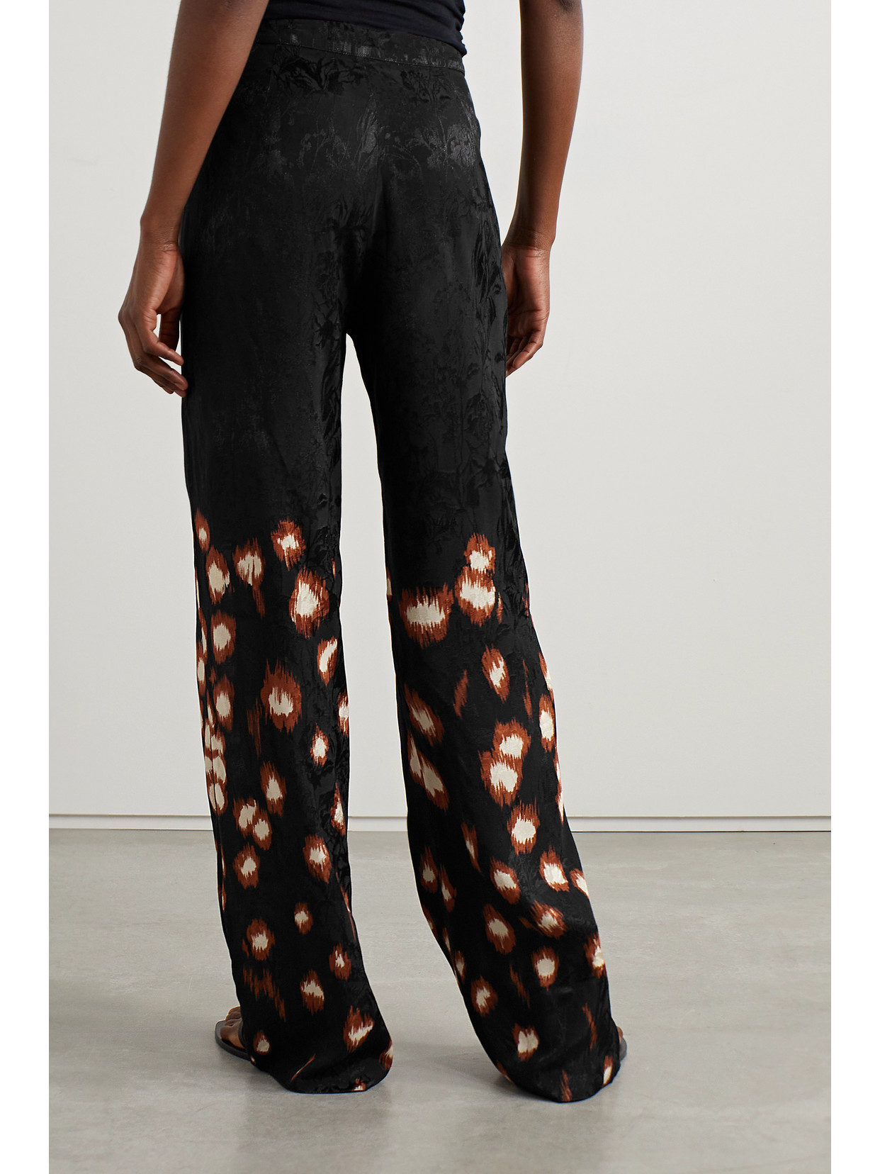 Shop Johanna Ortiz + Net Sustain Aromatic Evenings Printed Satin-jacquard Straight-leg Pants In Black