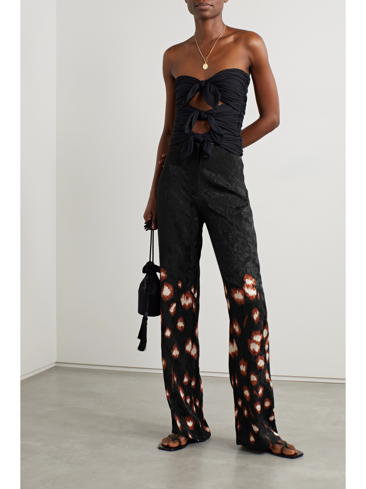 Johanna Ortiz + Net Sustain Aromatic Evenings Printed Satin-jacquard Straight-leg Pants In Black