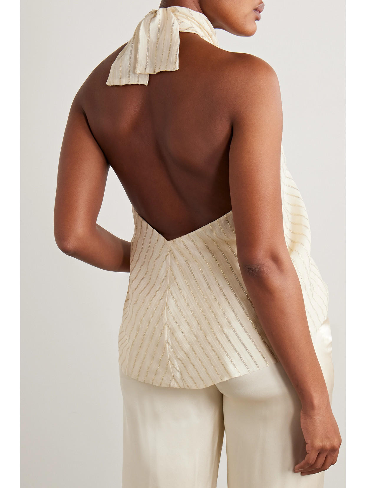 Shop Johanna Ortiz + Net Sustain Gracia Radiante Draped Silk And Lurex Halterneck Top In Silver