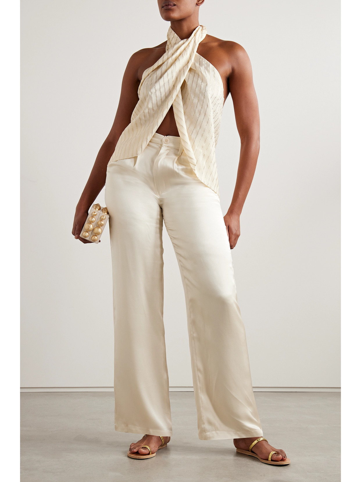 Shop Johanna Ortiz + Net Sustain Gracia Radiante Draped Silk And Lurex Halterneck Top In Silver