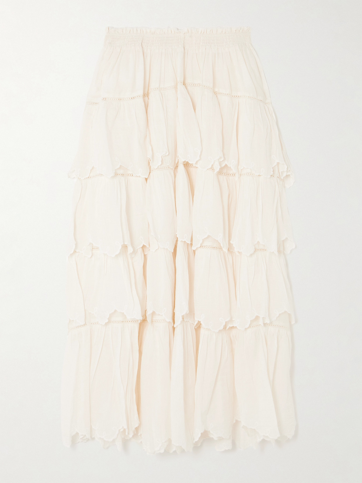 Loveshackfancy Cunningham Tiered Embroidered Pointelle-trimmed Cotton-blend Gauze Maxi Skirt In White