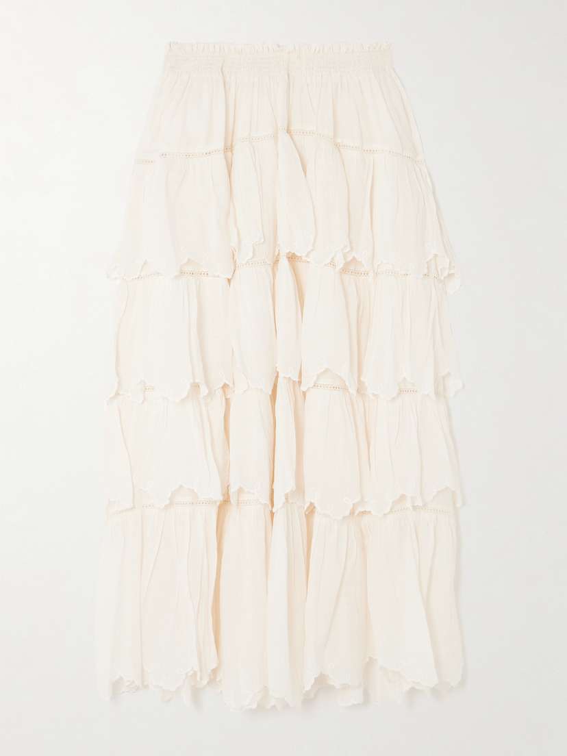 LoveShackFancy Cunningham Tiered Embroidered Pointelle-trimmed Cotton-blend Gauze Maxi Skirt