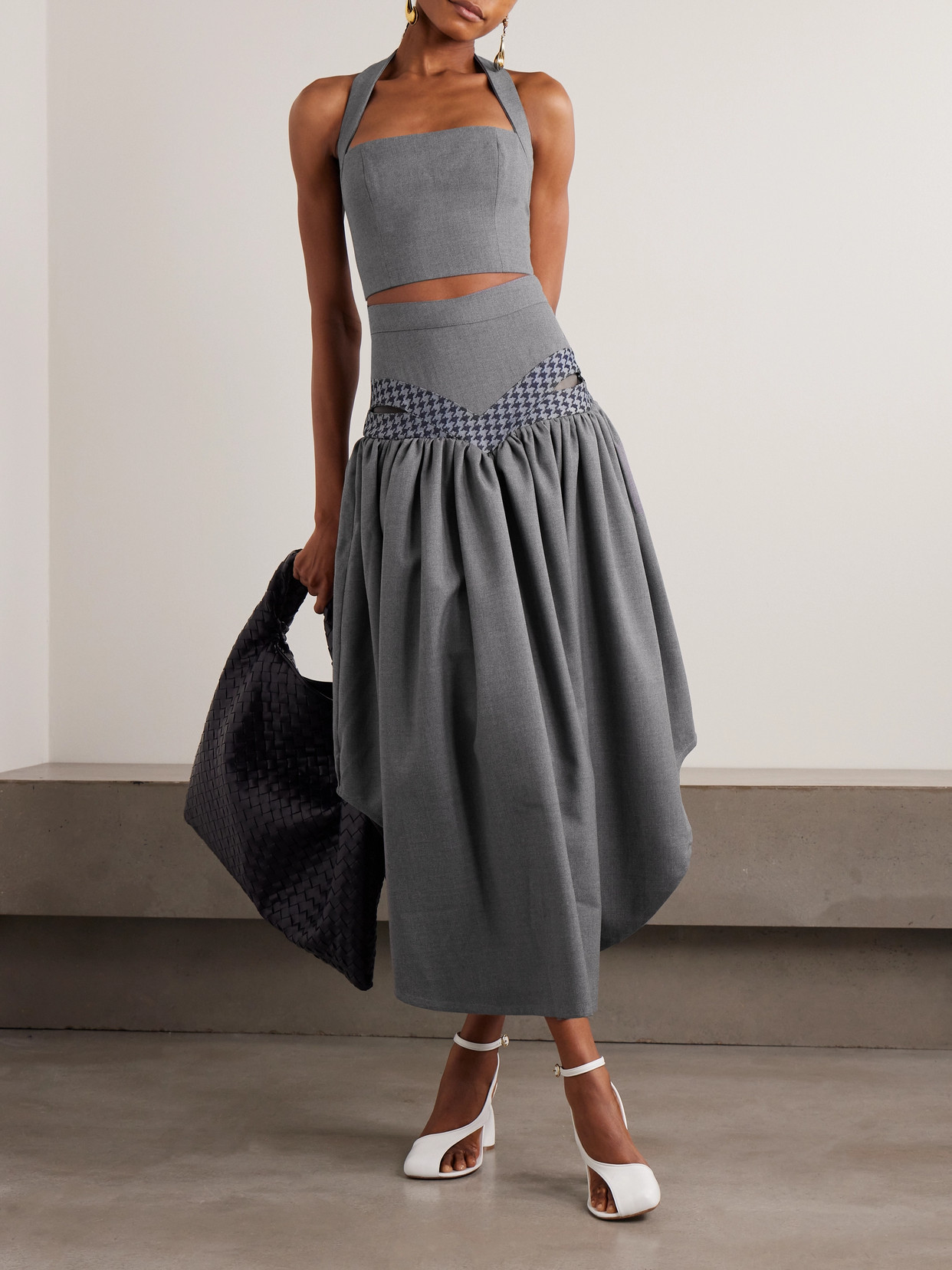 Tolu Coker Iyawo Cut-out Cotton-blend Tweed-trimmed Wool Midi Skirt In Blue