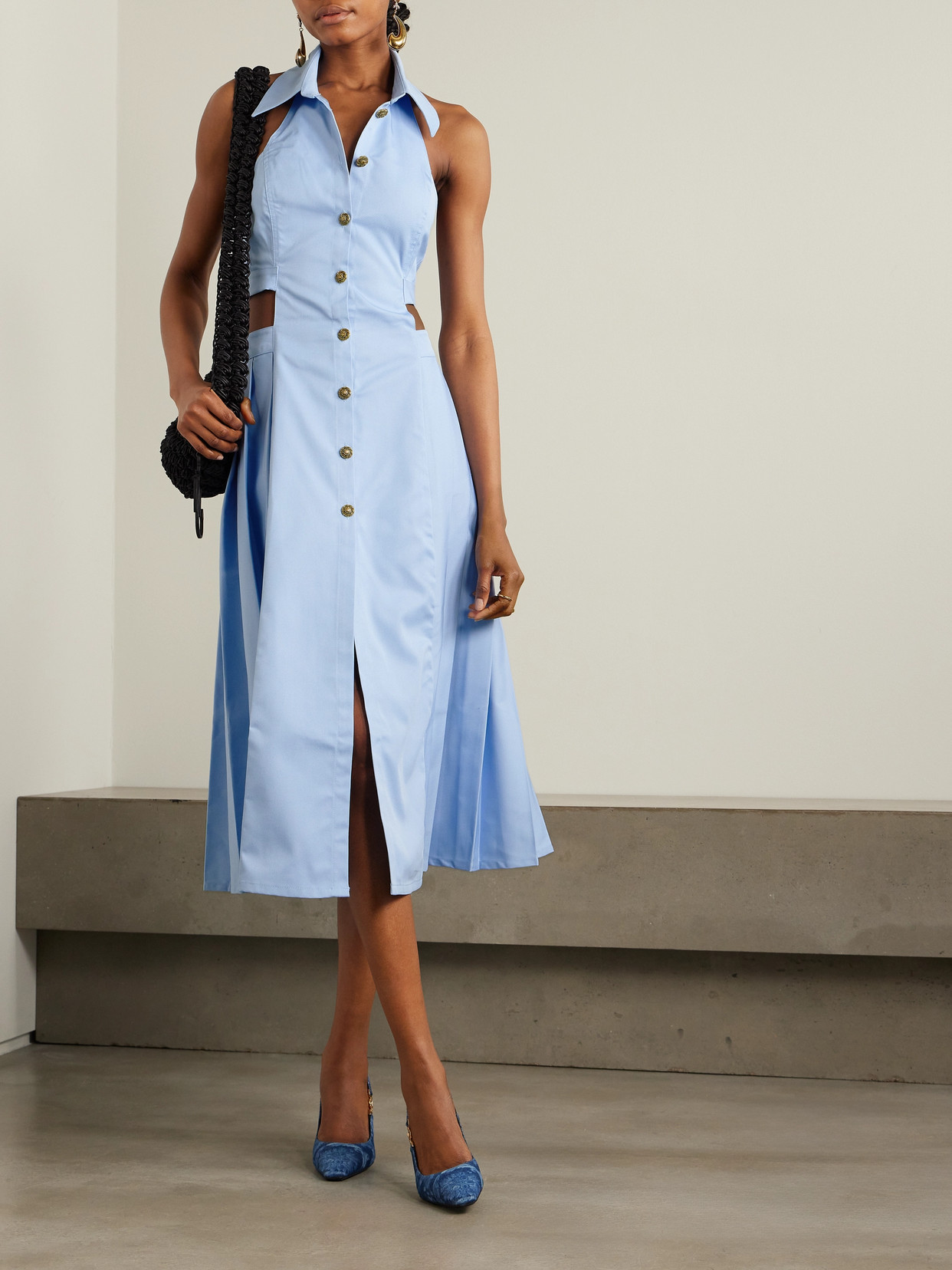 Tolu Coker Backless Pleated Gabardine Midi Shirt Dress In Blue