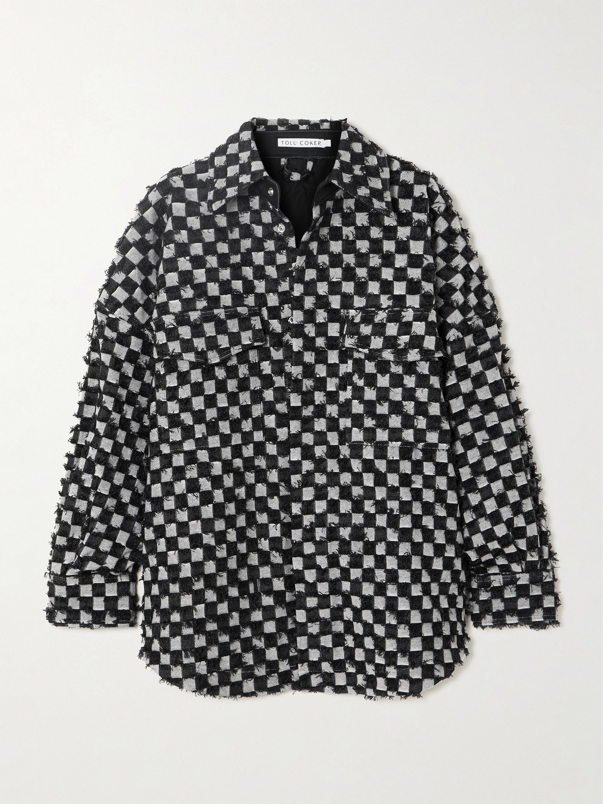 Tolu Coker - Distressed Checked Denim Jacket - Gray