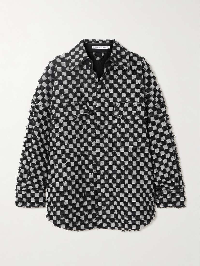 Tolu Coker Distressed Checked Denim Jacket - x large