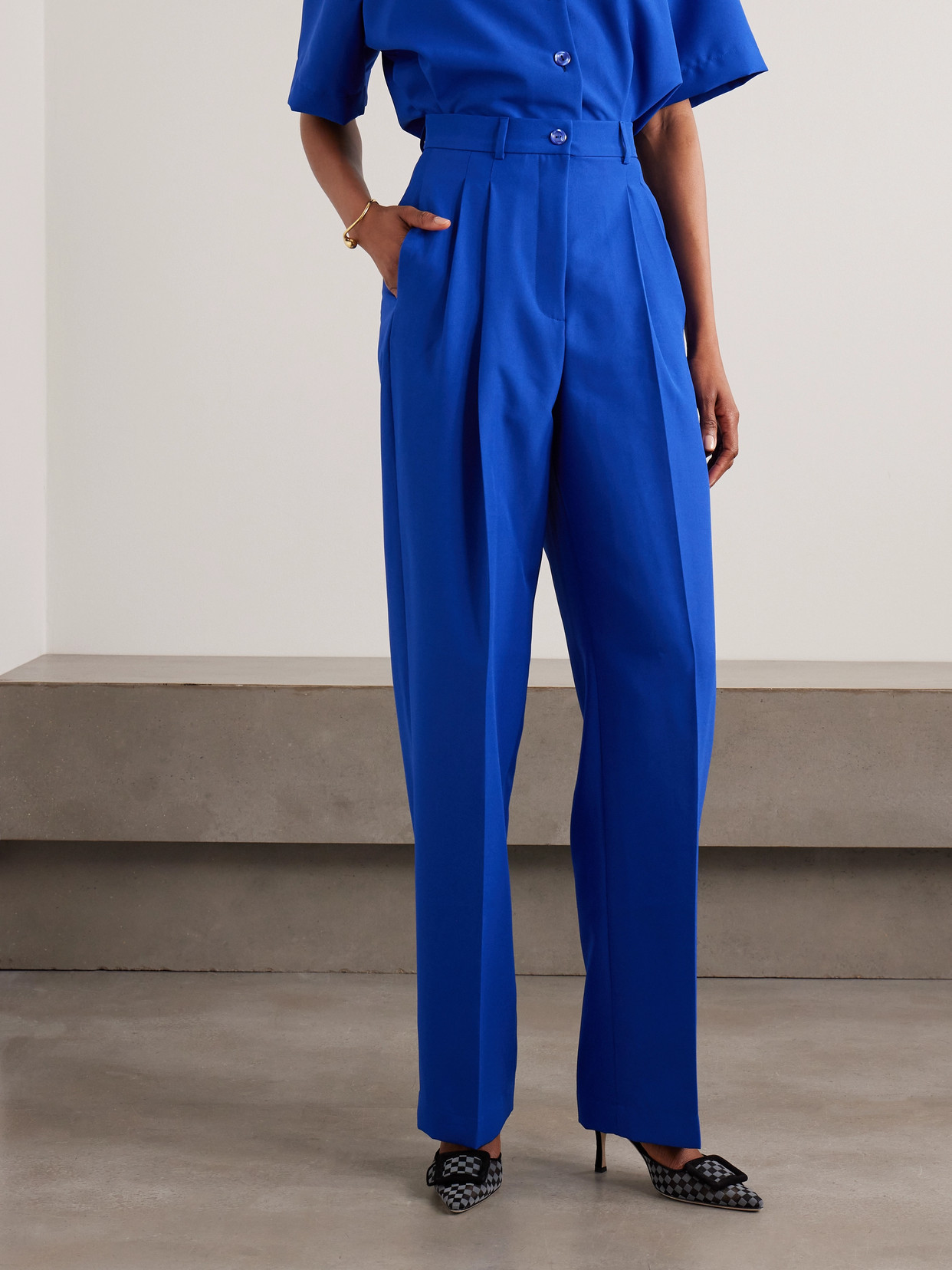 Shop Tolu Coker Pleated Twill Straight-leg Pants In Blue