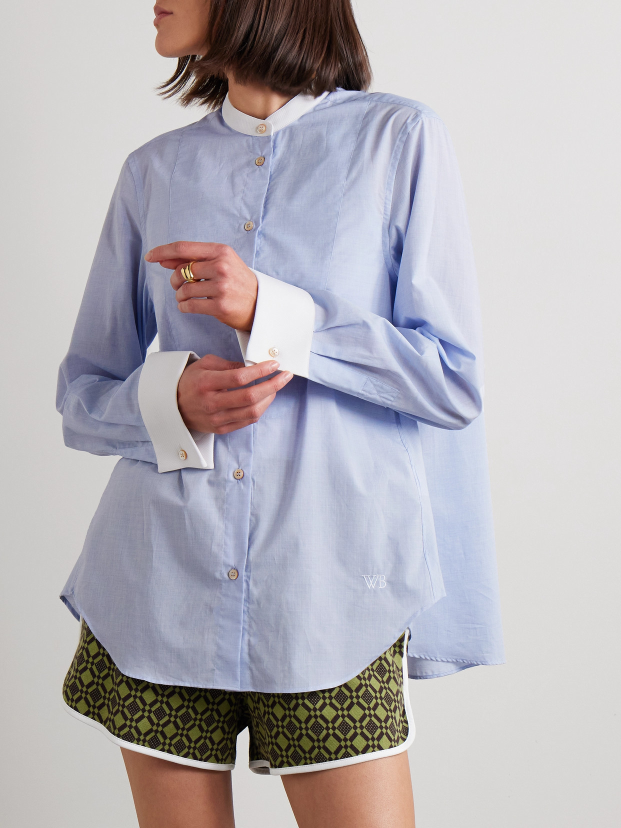 Wales Bonner River Poplin-trimmed Embroidered Cotton-chambray Shirt In Blue