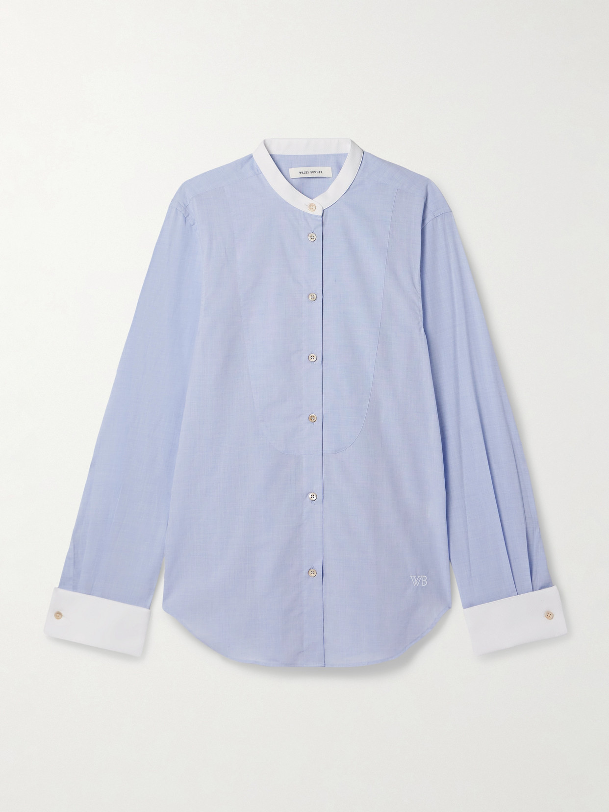 Wales Bonner River Poplin-trimmed Embroidered Cotton-chambray Shirt In Blue
