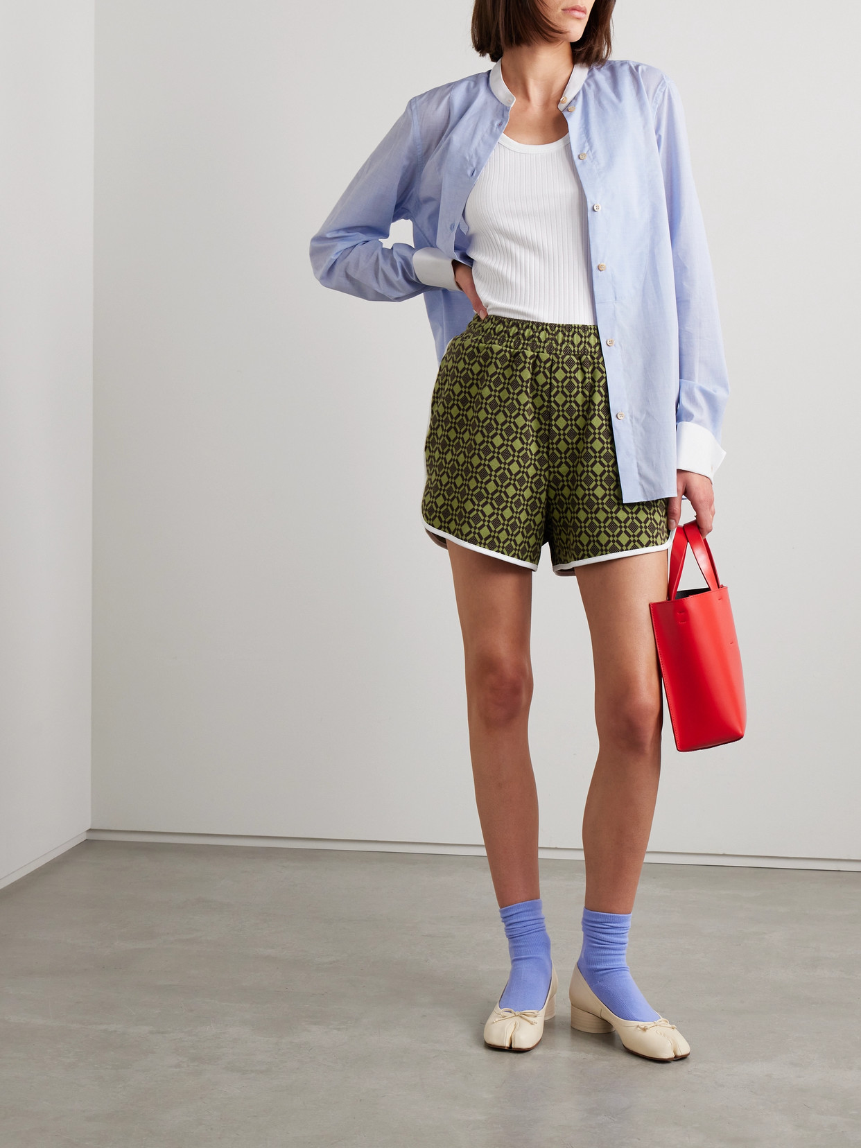 Wales Bonner River Poplin-trimmed Embroidered Cotton-chambray Shirt In Blue