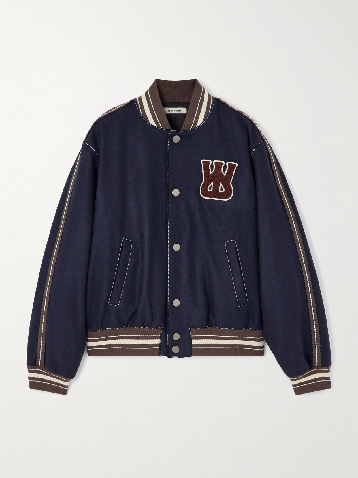 Wales Bonner Appliquéd Embroidered Wool-blend Varsity Jacket In Blue