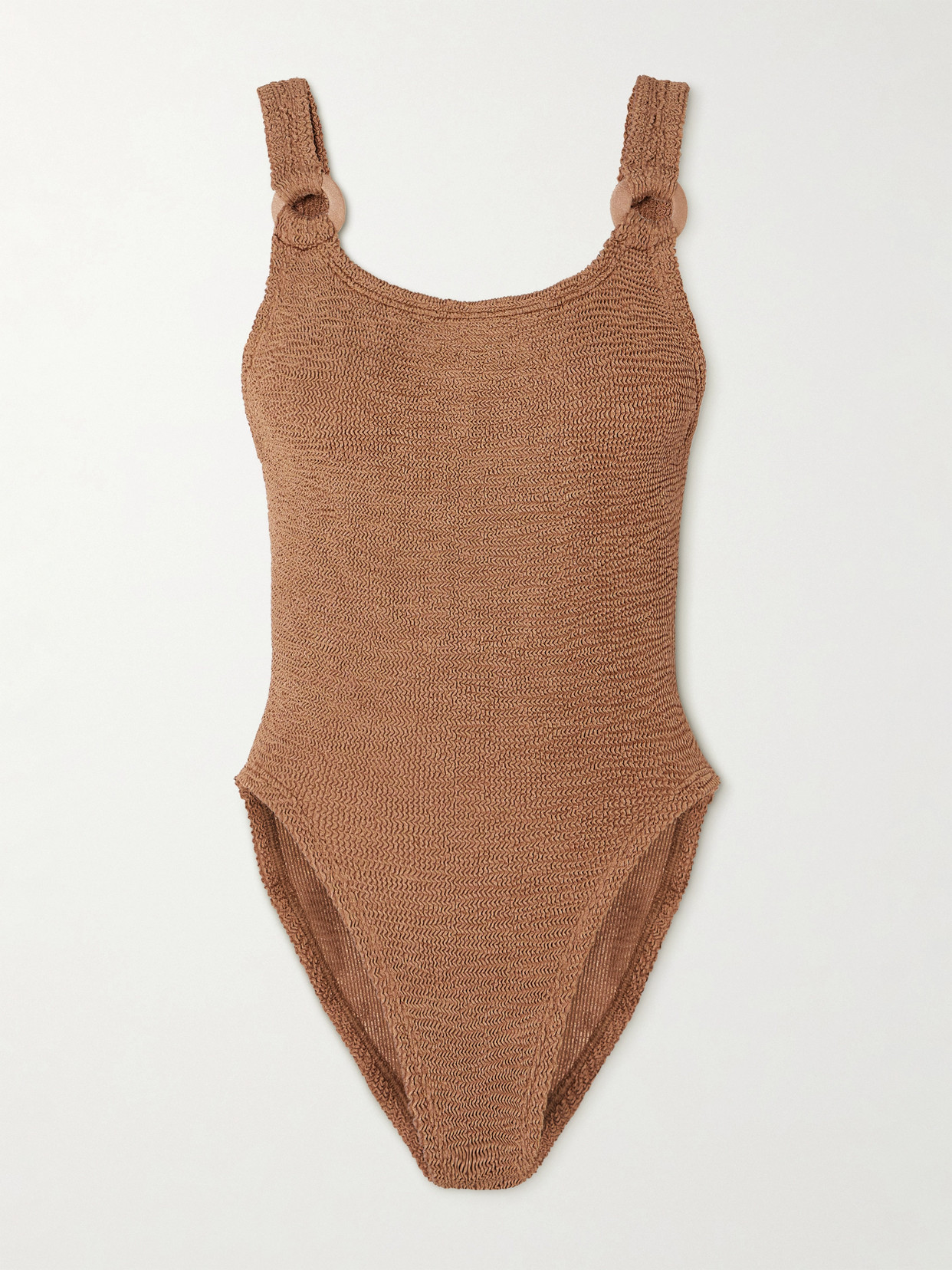 Hunza G - Domino Embellished Metallic Seersucker Swimsuit - Brown