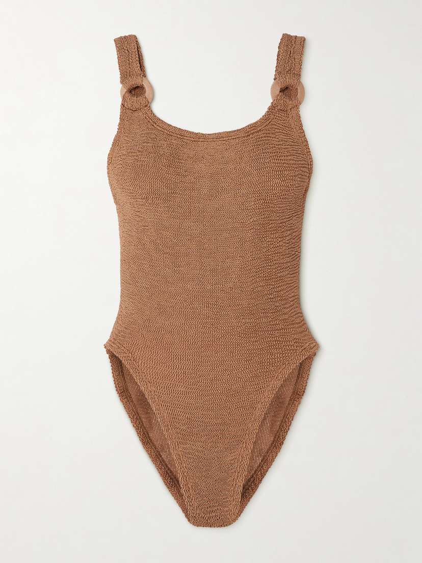Hunza G Domino Embellished Metallic Seersucker Swimsuit