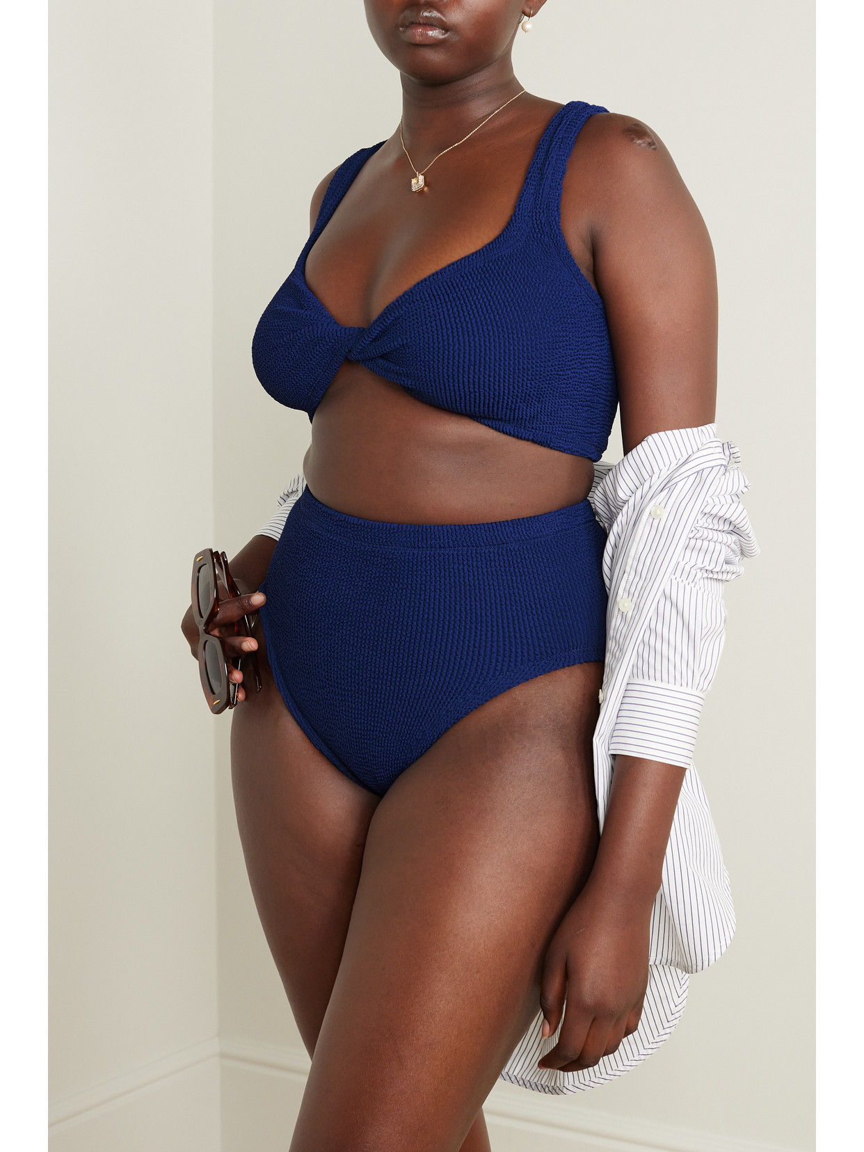Hunza G Jamie Twist-front Seersucker Bikini In Blue