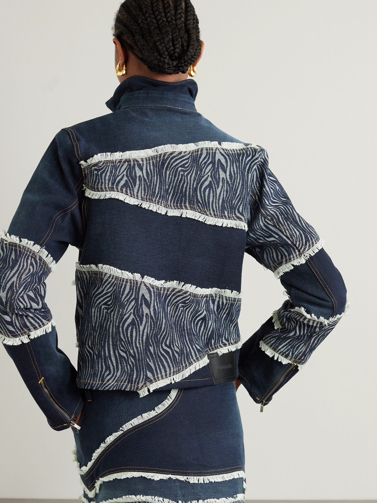 AHLUWALIA FRAYED PATCHWORK RECYCLED-DENIM AND DENIM-JACQUARD JACKET