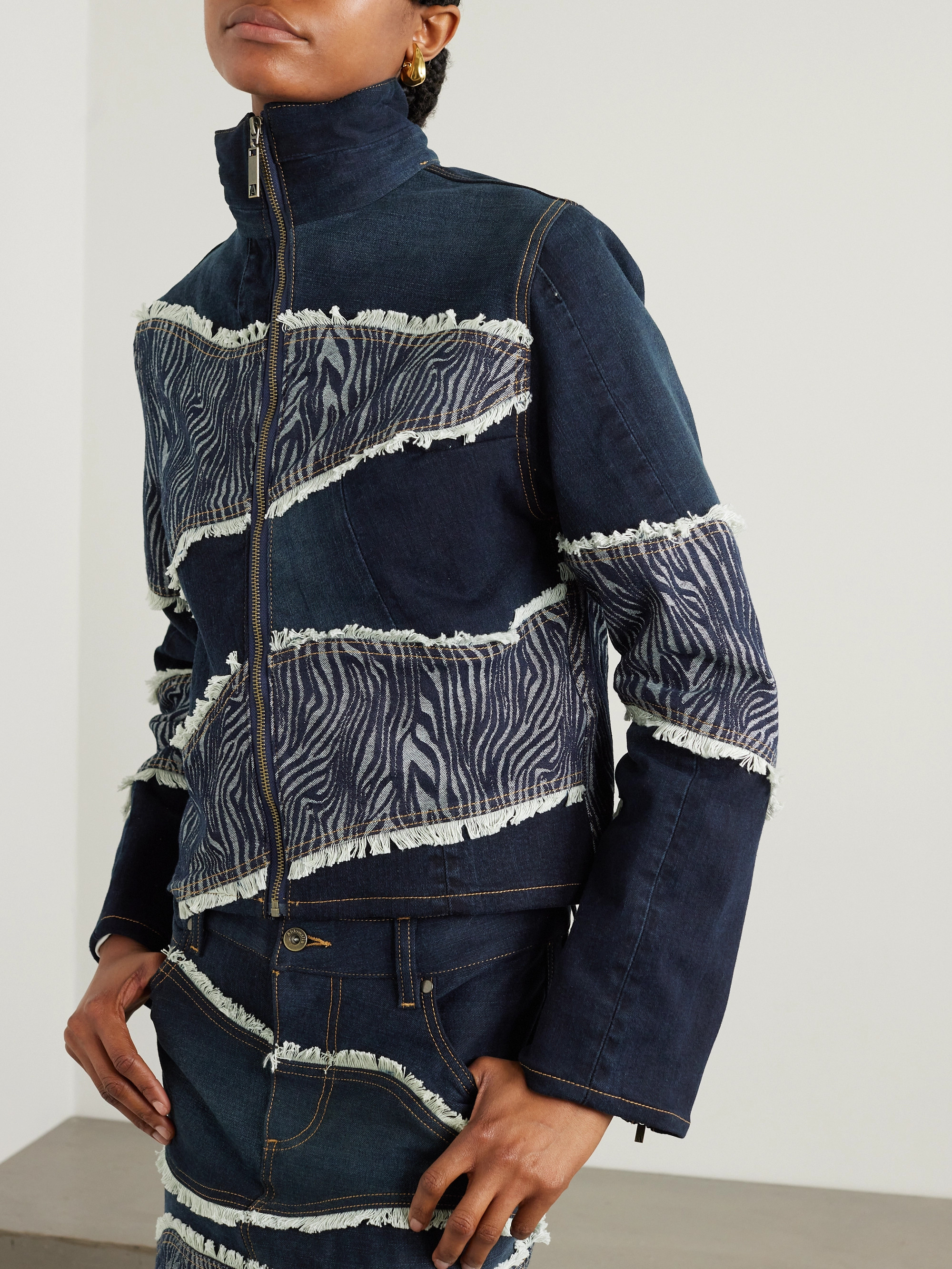 Ahluwalia - Frayed patchwork recycled-denim and denim-jacquard