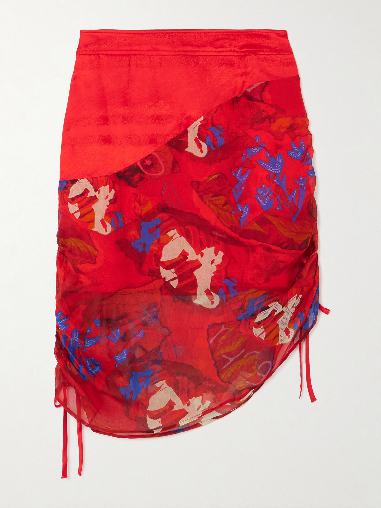 Ahluwalia - Priya Asymmetric Ruched Satin And Printed Tulle Mini Skirt - Red