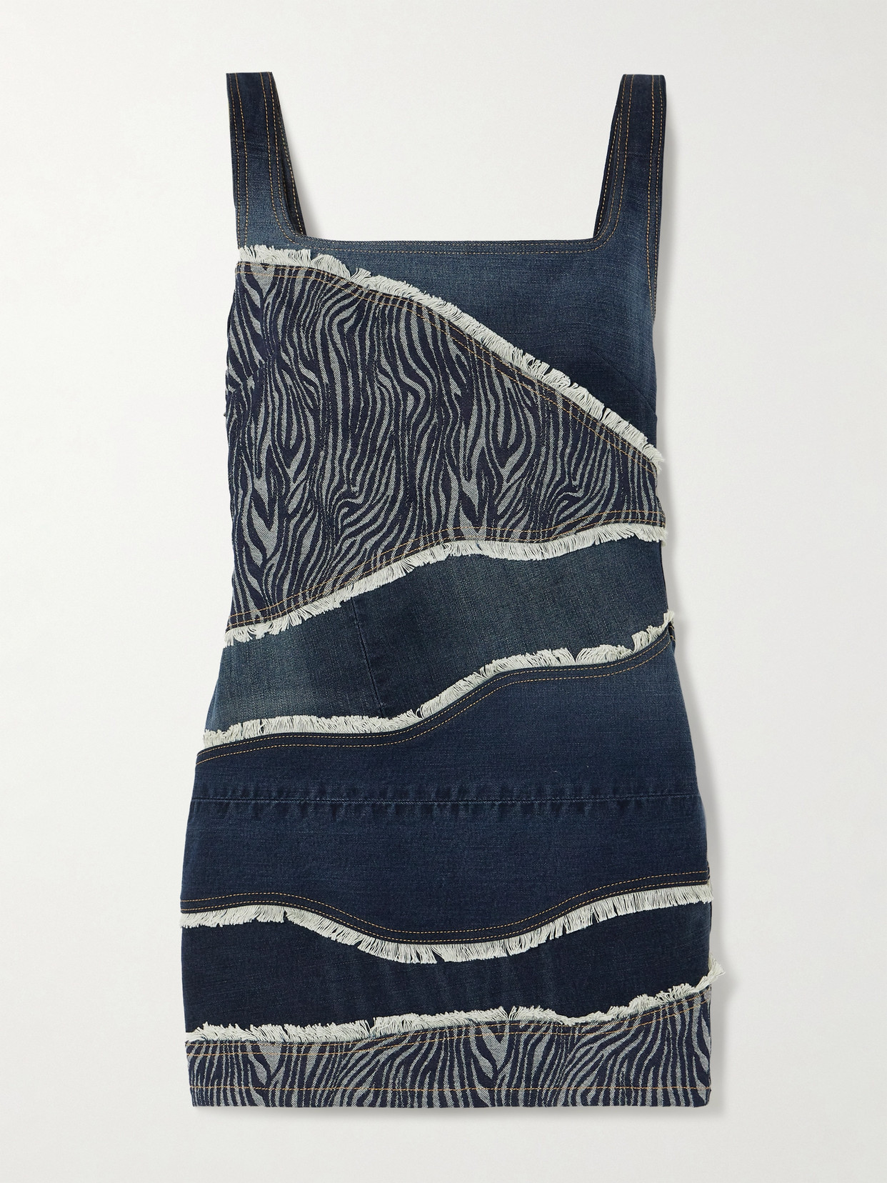 Ahluwalia Frayed Patchwork Recycled-denim And Denim-jacquard Mini Dress In Dark Denim