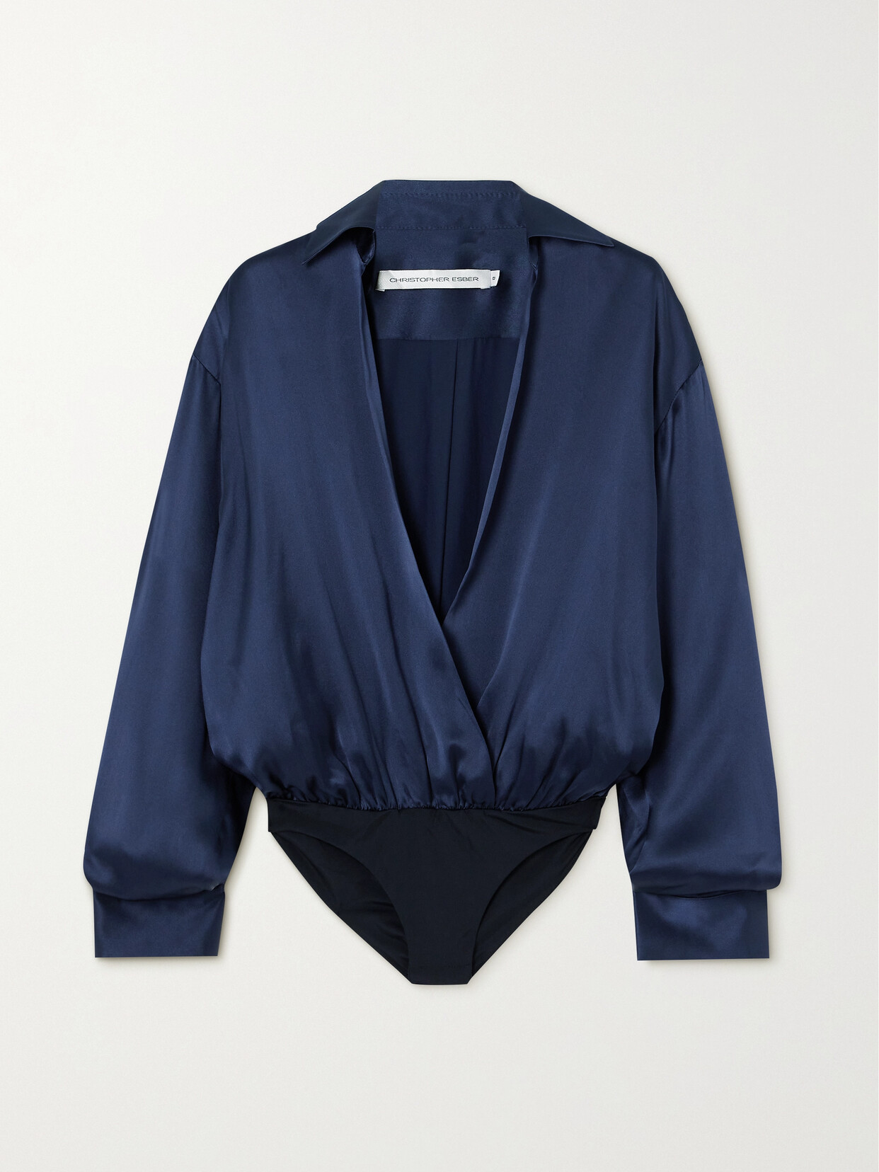 Christopher Esber - Silk Springs Wrap-effect Stretch Jersey-trimmed Silk-satin Bodysuit - Blue