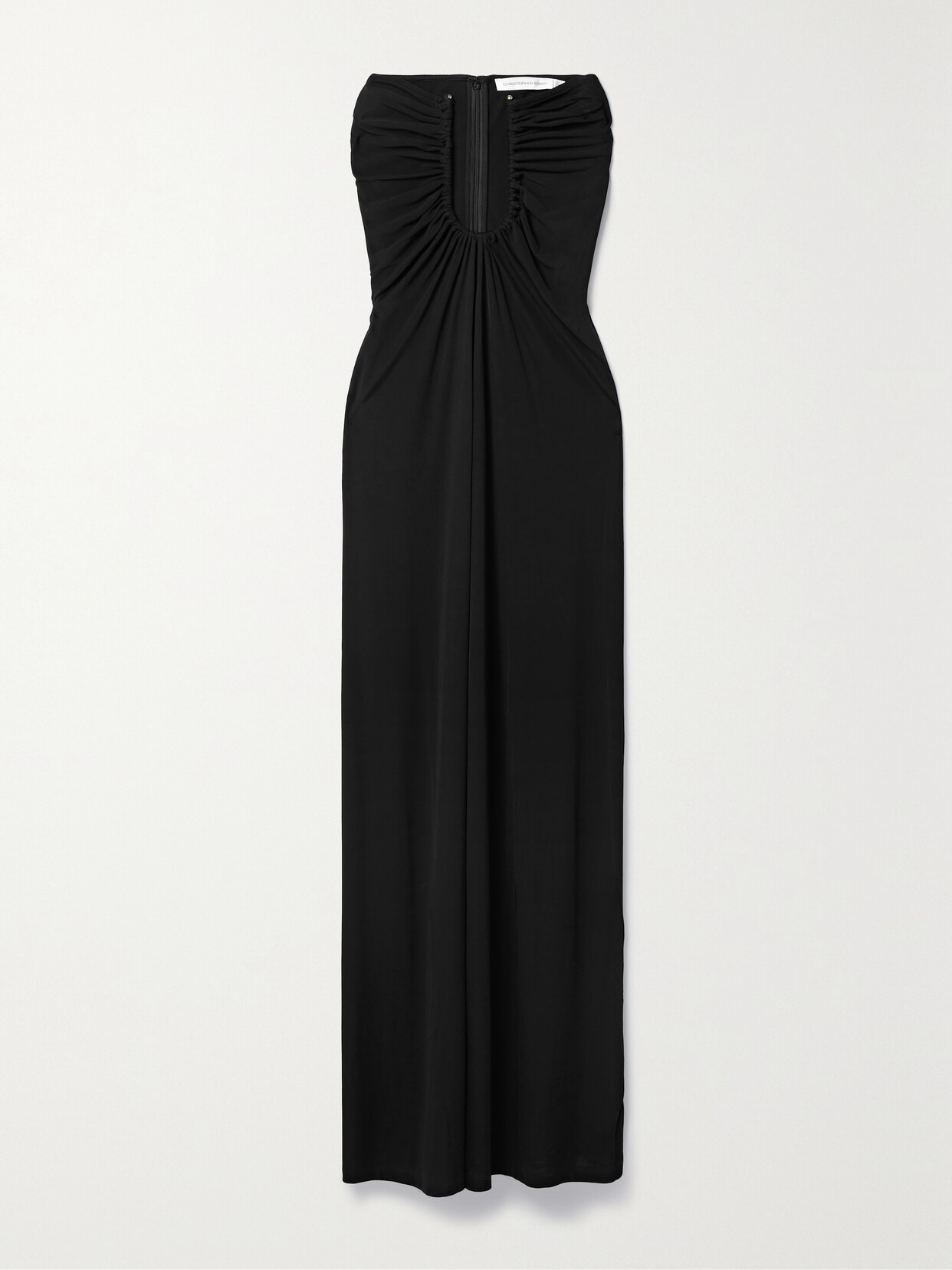 Christopher Esber Arced Palm Strapless Ruched U-ring Column Maxi Dress In Black