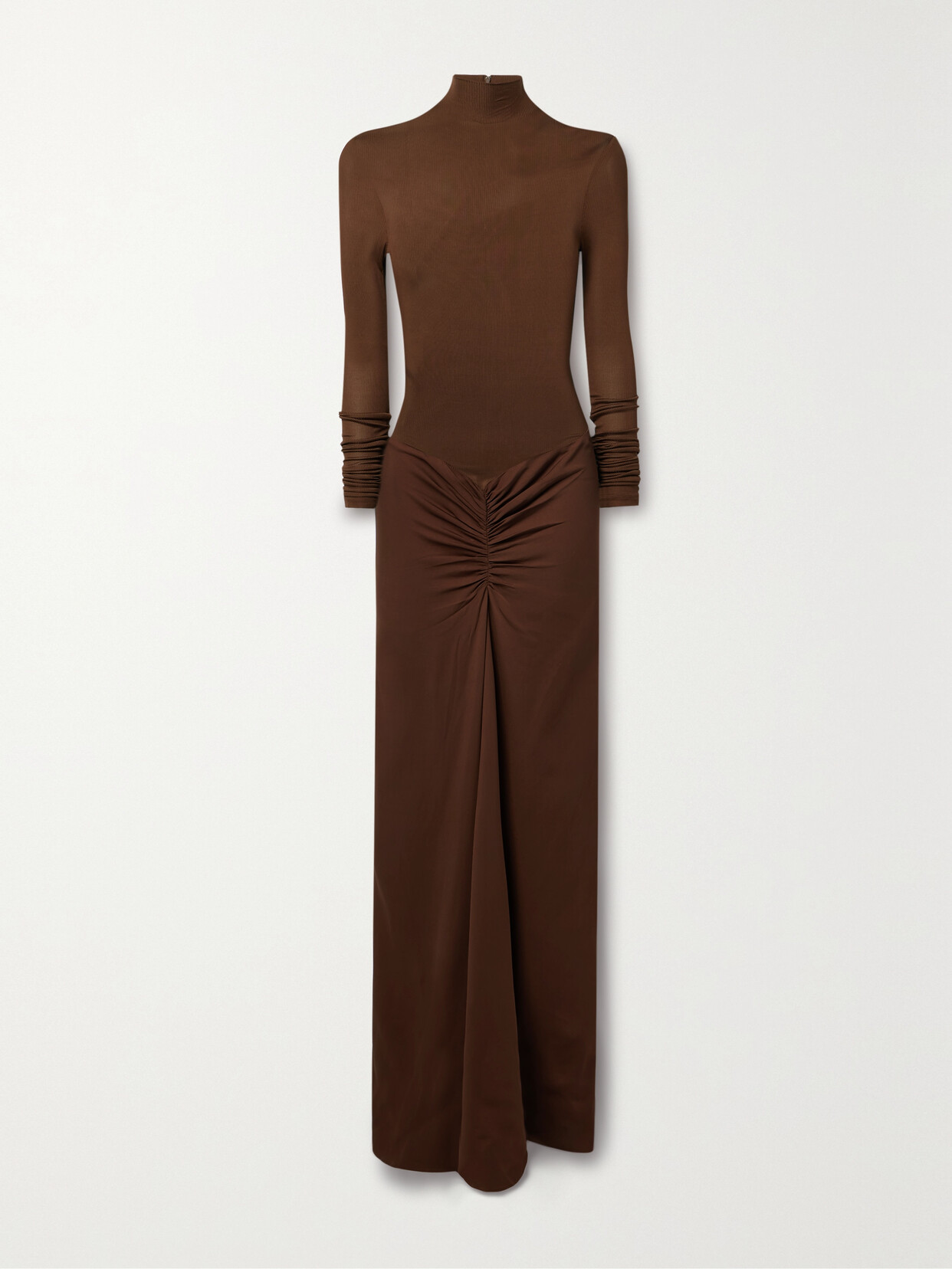 Christopher Esber Fusion Gathered Stretch-jersey And Stretch-crepe Turtleneck Maxi Dress In Brown