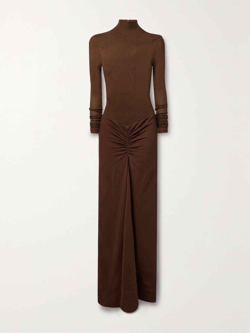Christopher Esber Fusion Gathered Stretch-jersey And Stretch-crepe Turtleneck Maxi Dress - UK 14