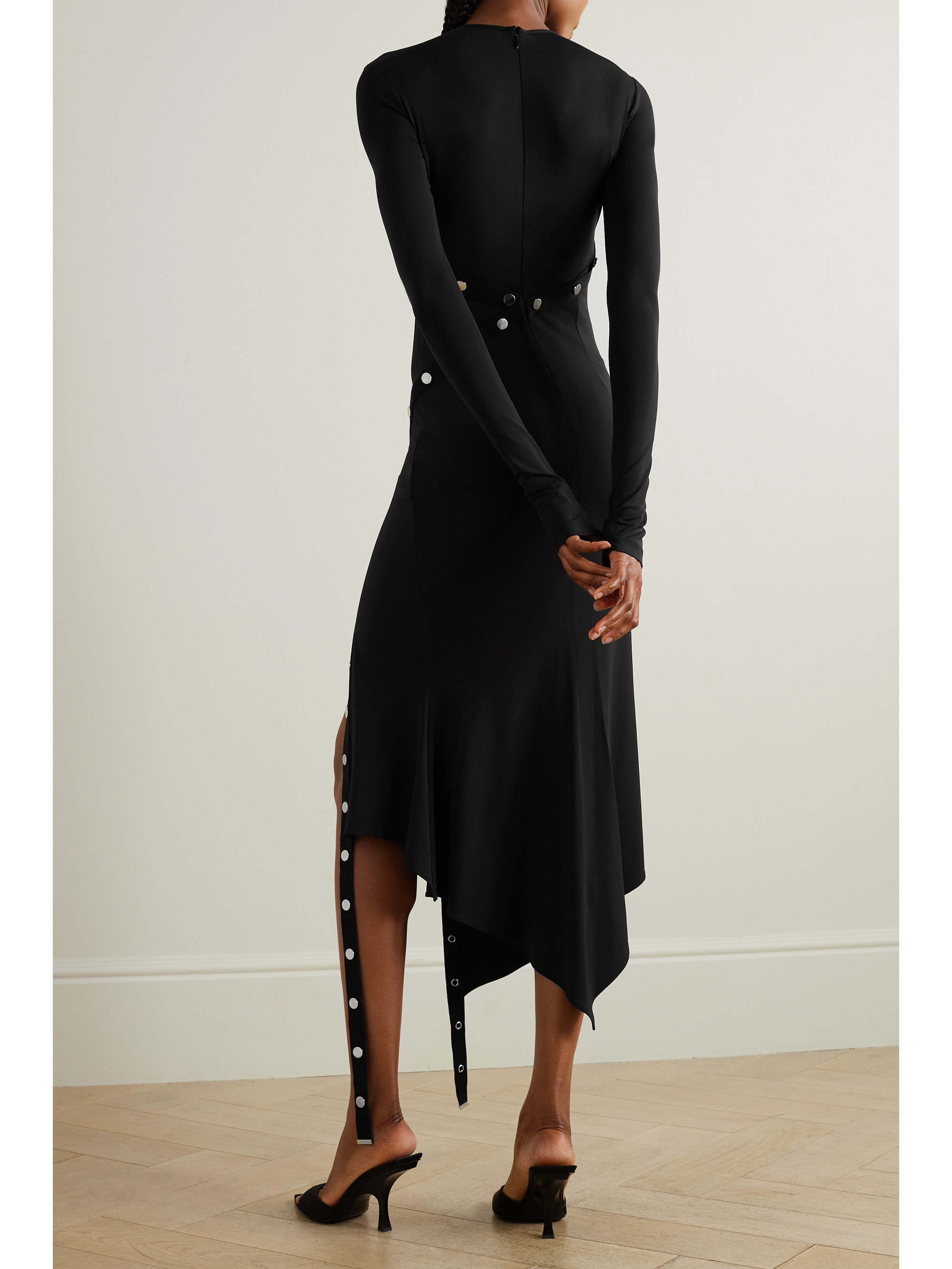THE ATTICO Asymmetric embellished jersey midi dress