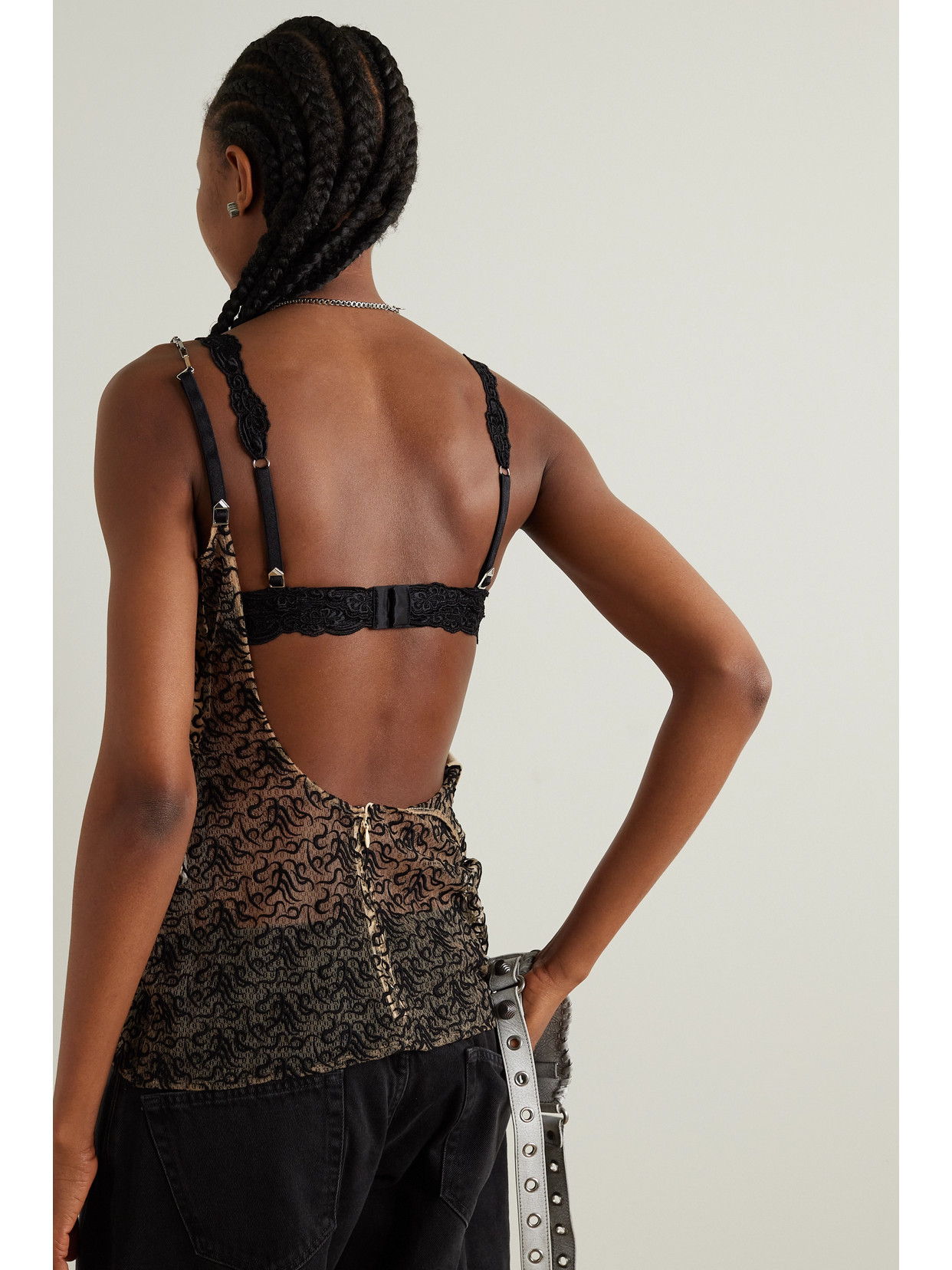 Convertible Chain-Embellished Lace-Trimmed Embroidered Tulle Camisole