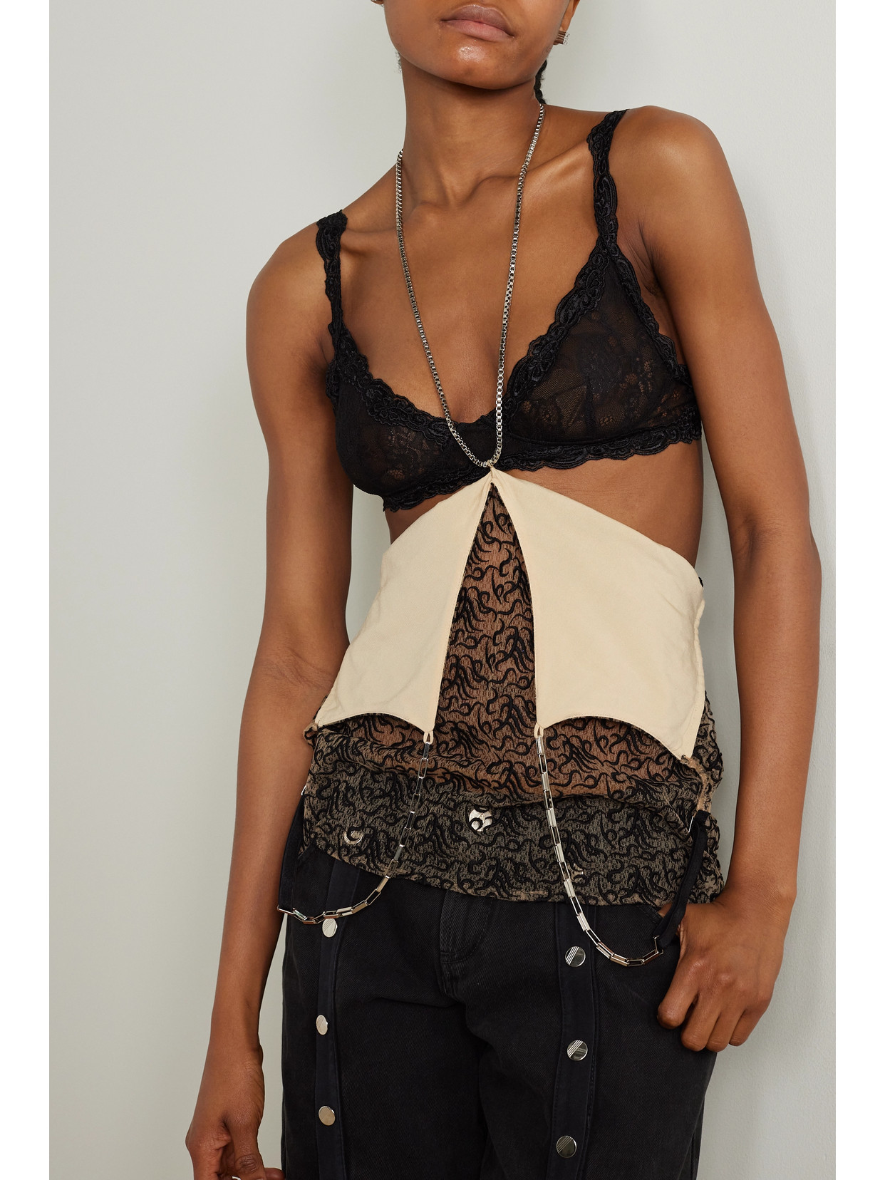 Convertible Chain-Embellished Lace-Trimmed Embroidered Tulle Camisole