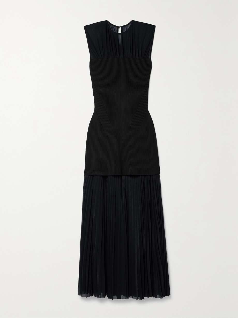 niki layered pleated jersey and ribbed-knit midi dress