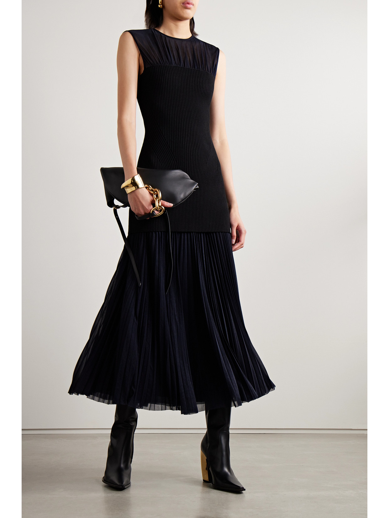 PROENZA SCHOULER NIKI LAYERED PLEATED JERSEY AND RIBBED-KNIT MIDI DRESS