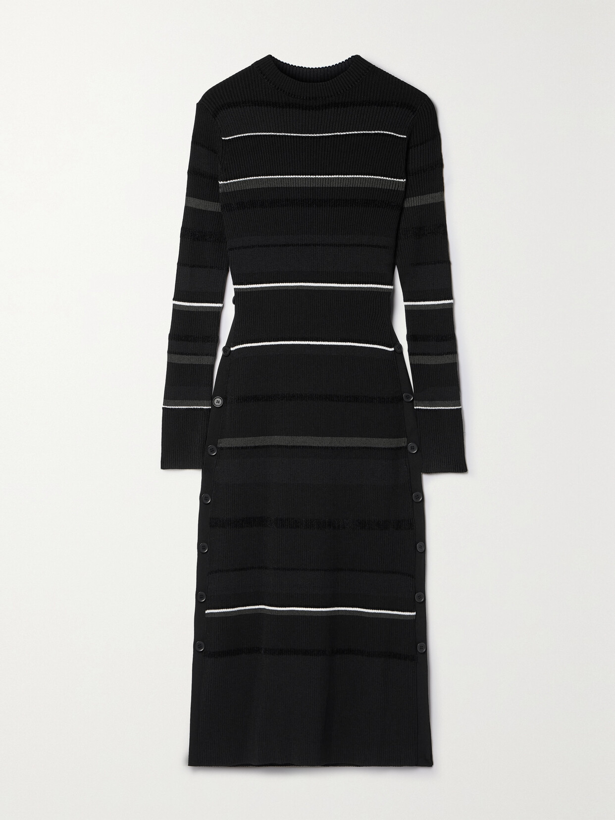 PROENZA SCHOULER BUTTON-DETAILED STRIPED RIBBED-KNIT MIDI DRESS