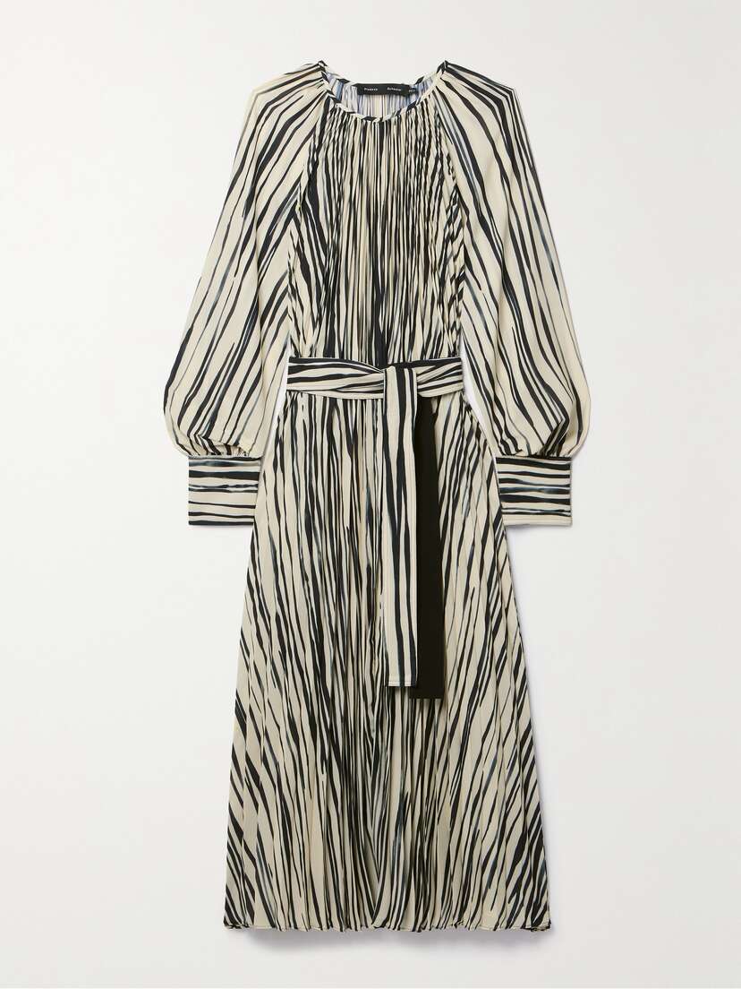 Proenza Schouler Flou Belted Pleated Striped Crepe Midi Dress