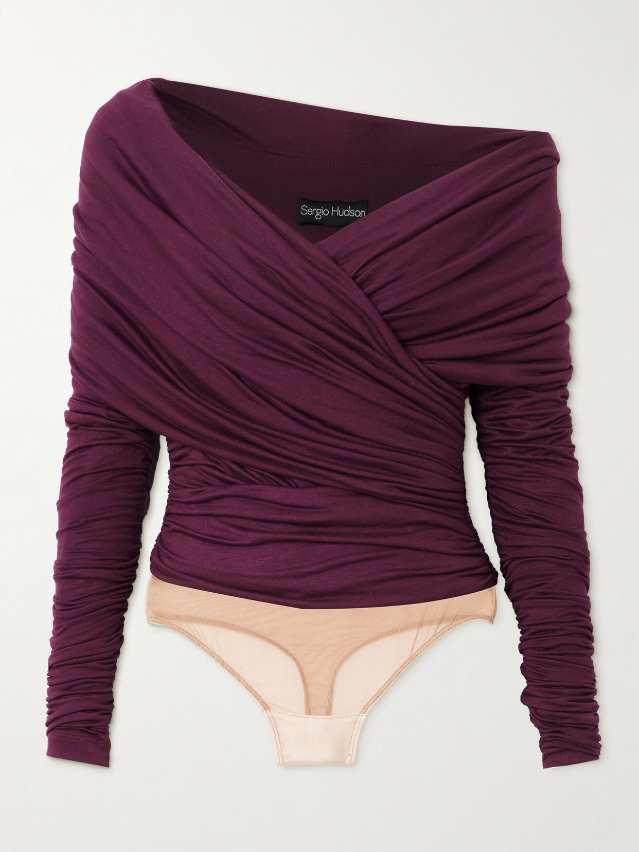 Sergio Hudson - Ruched Mesh-trimmed Stretch-bamboo Viscose Jersey Bodysuit - Burgundy