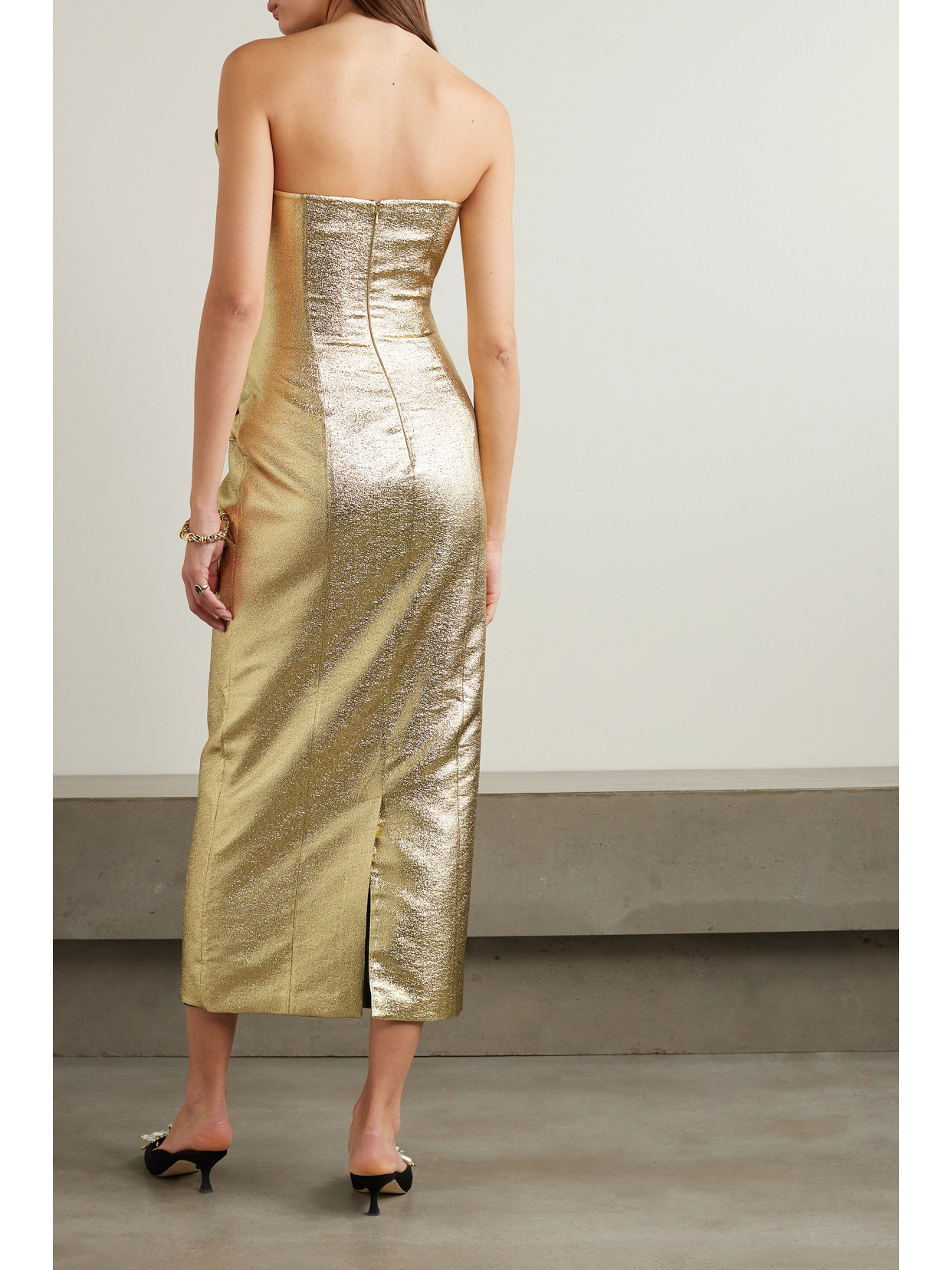 Shop Safiyaa Daxton Strapless Gathered Metallic Lamé Midi Dress In Gold