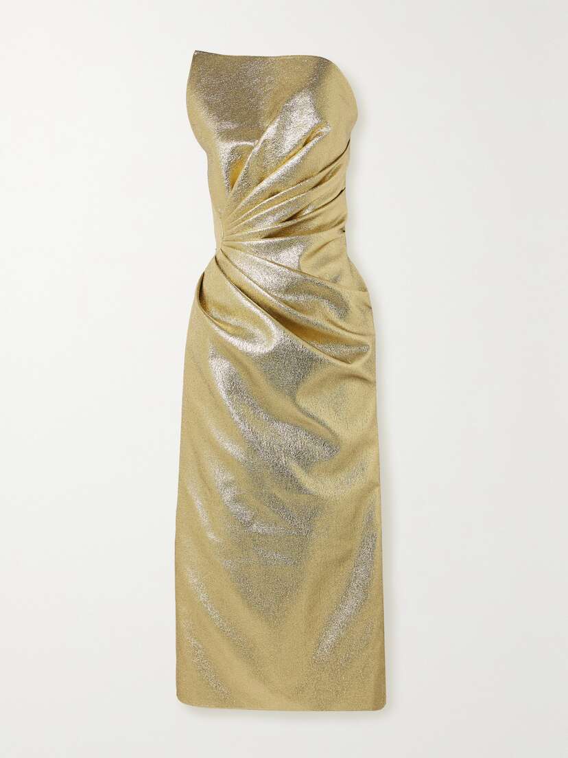 Safiyaa Daxton Strapless Gathered Metallic Lamé Midi Dress