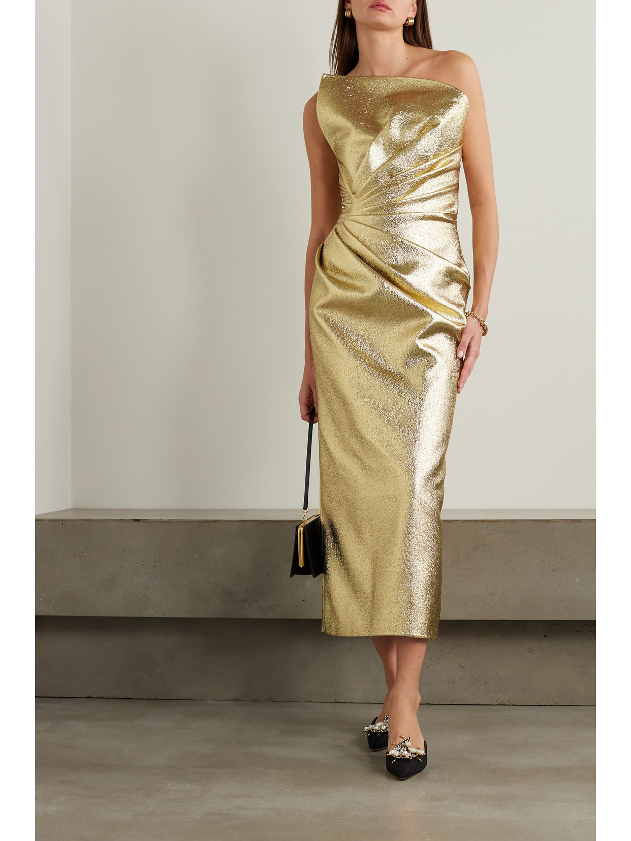 Shop Safiyaa Daxton Strapless Gathered Metallic Lamé Midi Dress In Gold