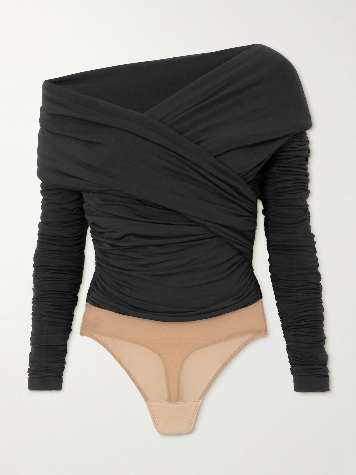 Shop Sergio Hudson Ruched Mesh-trimmed Stretch-bamboo Viscose Jersey Bodysuit In Black