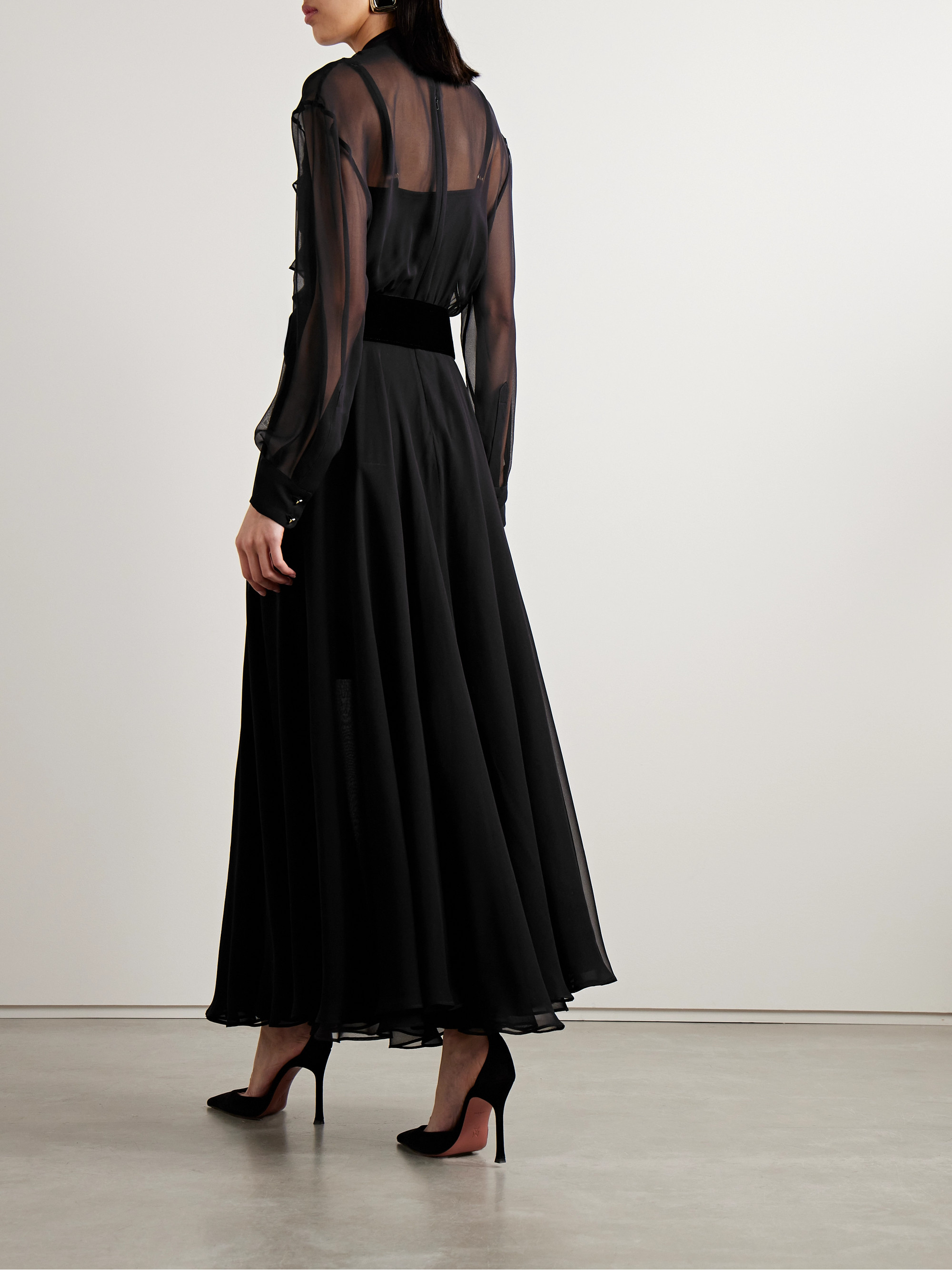 Sergio Hudson - Belted velvet-trimmed ruffled chiffon maxi dress | Plush