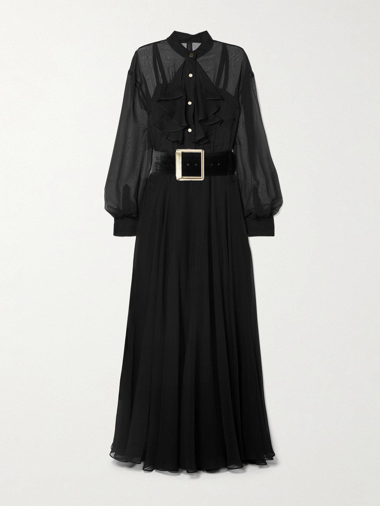 Sergio Hudson Belted Velvet-trimmed Ruffled Chiffon Maxi Dress In Black