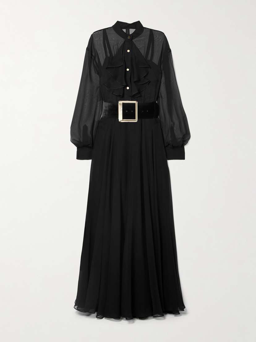 Sergio Hudson Belted Velvet-trimmed Ruffled Chiffon Maxi Dress