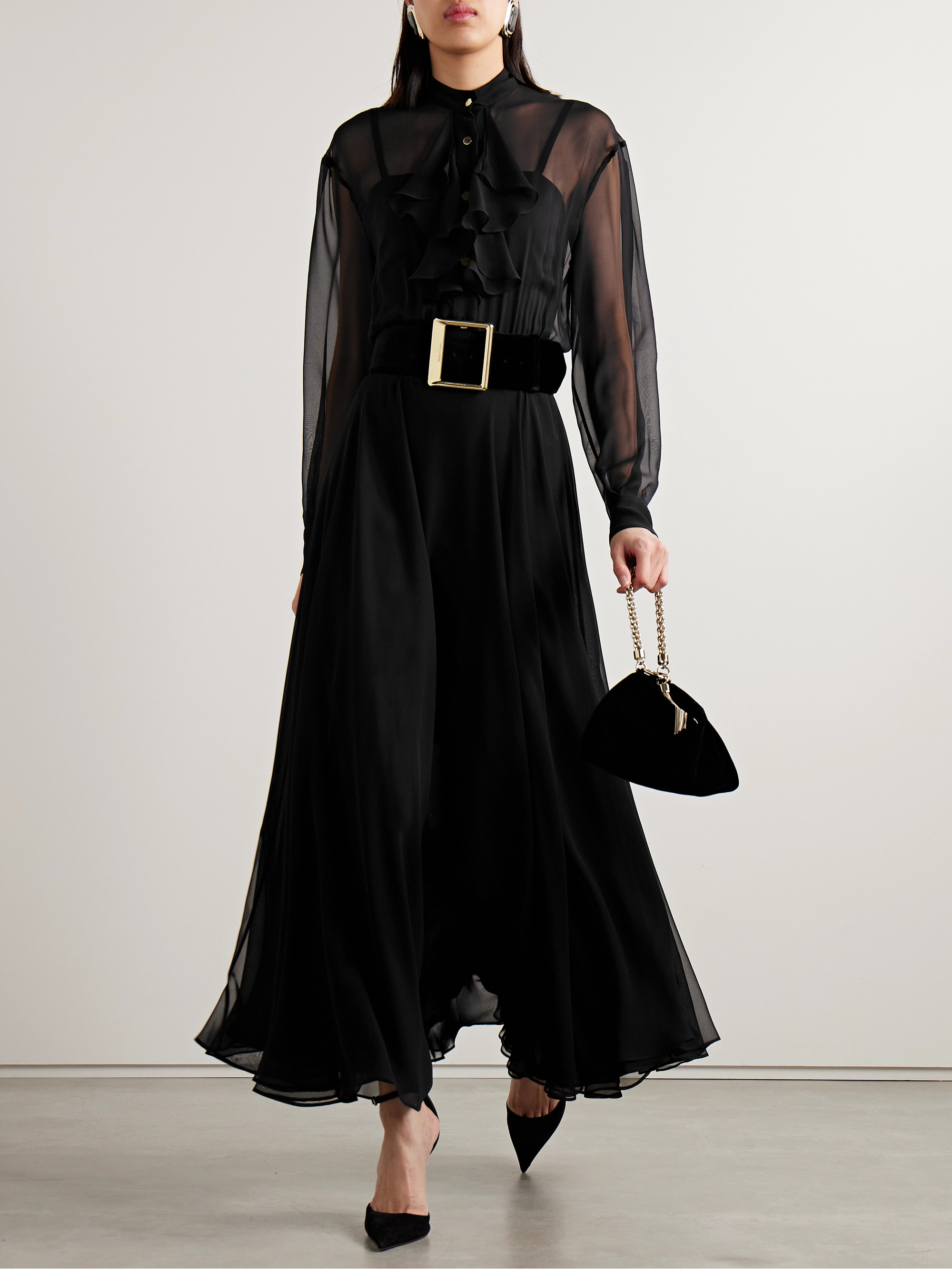 Sergio Hudson - Belted velvet-trimmed ruffled chiffon maxi dress | Plush Sergio Hudson - Belted velvet-trimmed ruffled chiffon maxi dress | Plush