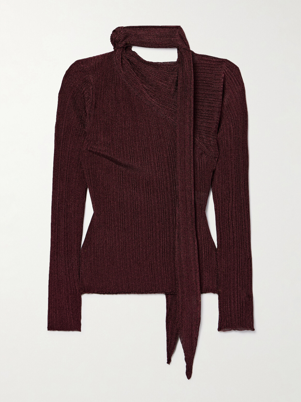 Rabanne Tie-detailed Metallic Plissé-knit Sweater In Red