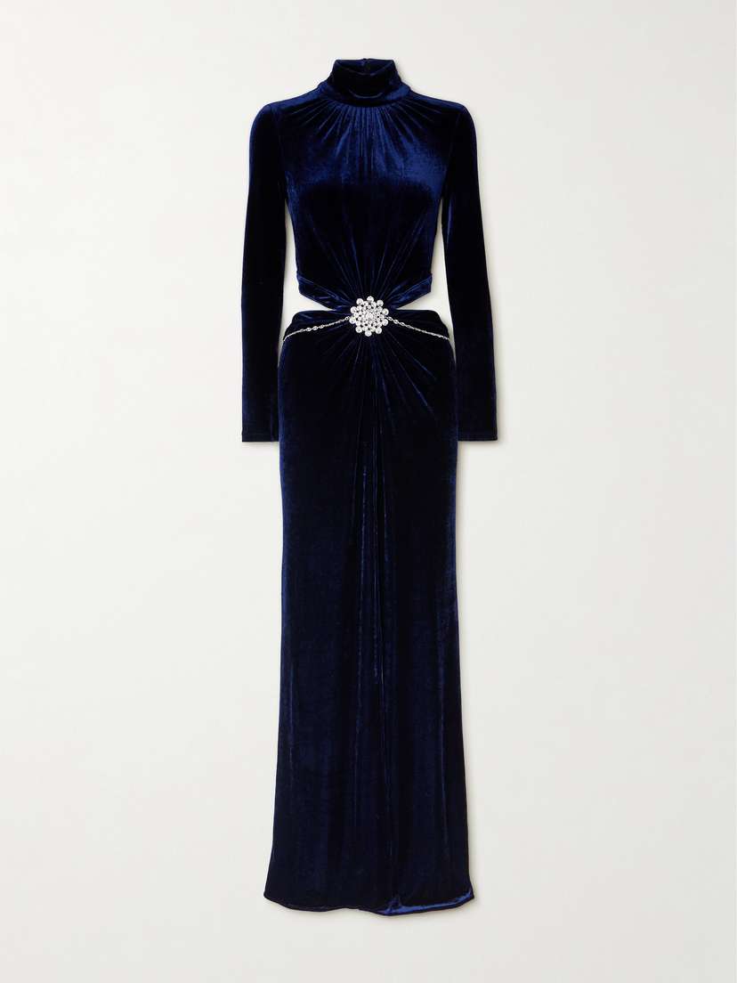 Rabanne Cutout Gathered Crystal-embellished Velvet Maxi Dress
