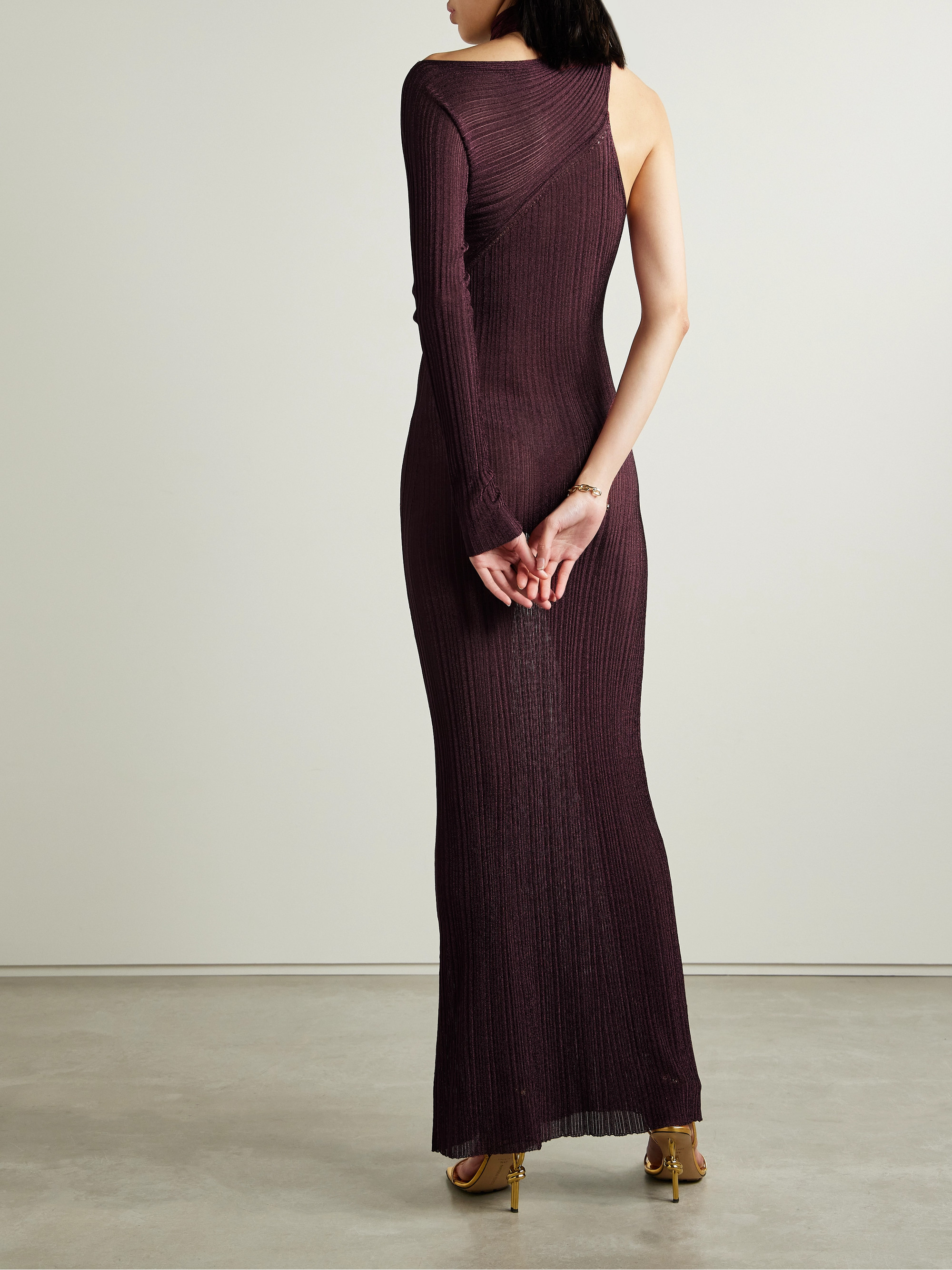 Rabanne One-sleeve tie-detailed metallic plissé-knit maxi dress