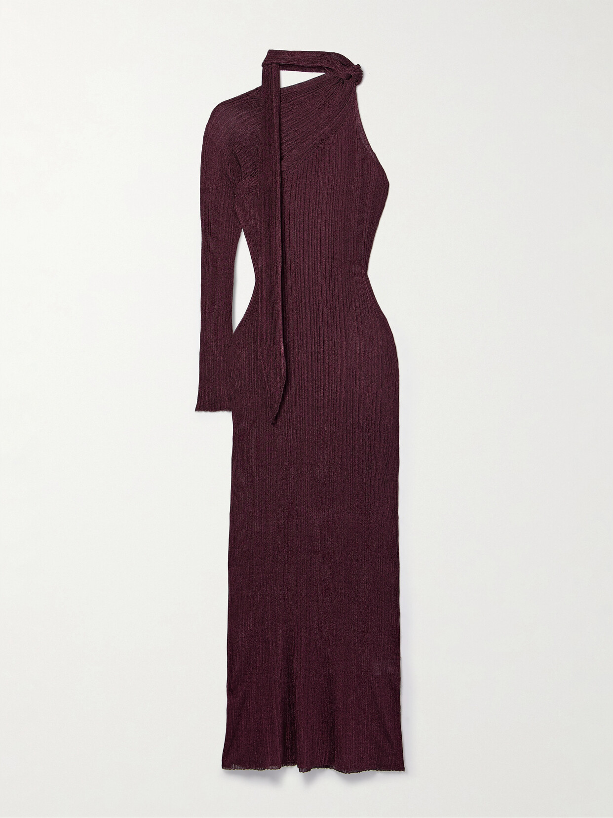 Rabanne One-sleeve Tie-detailed Metallic Plissé-knit Maxi Dress In Red